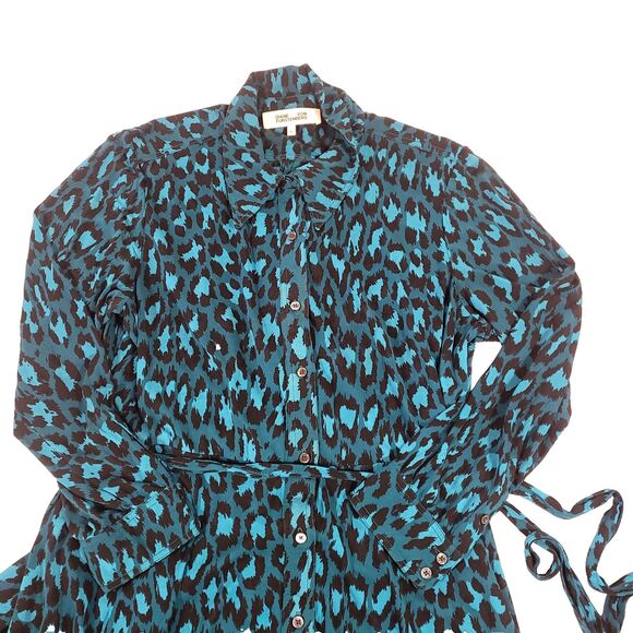 Diane Von Furstenberg Animal Print Dress XL Blue Cheetah Button Up Viscose Tie - Picture 4 of 15